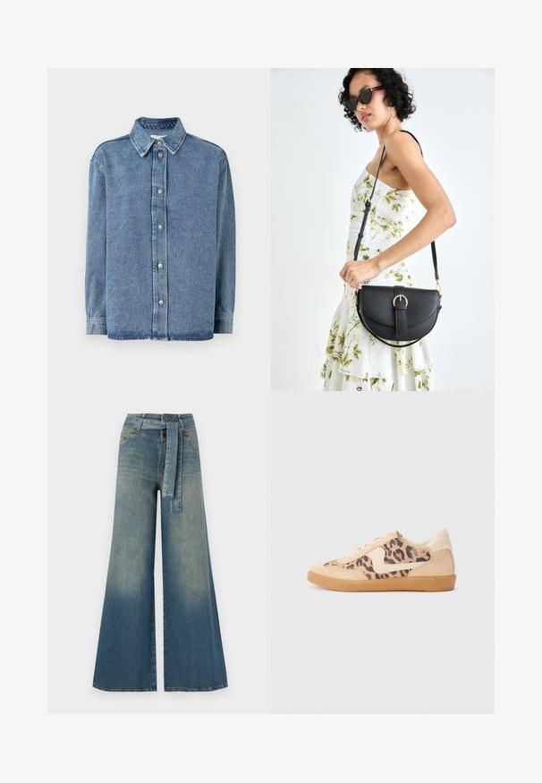 Denimska srajca v svetlo modri barvi z dolgimi rokavi, zapiranje spredaj s češlji, usnjeni ovratnik in sproščen kroj. Mehka tekstura z minimalnimi detajli šivanja.; Široke jeans hlače z gradientom od svetlo do temno modre, visokim pasom, zankami za pas in pasom iz istega materiala. Tekstura denim končnica.; Teniske s leopardjim vzorom z zgornjim delom iz bež semiša, rjavim gumijastim podplatom in belimi detajli. Okrogla konica in vezenje z vezalkami ter teksturirana površina.; Črna usnjena torbica s ukrivljeno obliko, z odstranljivo naramnico in zlatimi dodatki. Torbica ima pokrov s podrobnostmi v obliki zaponke.