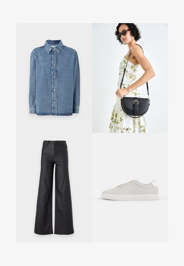 Denim košulja svijetloplave boje s dugim rukavima, prednjim kopčanjem na dugmad, šiljastim kragnom i opuštenim krojem. Meka tekstura s minimalnim detaljima šivanja.; Crne široke hlače od umjetne kože. Imaju visoki struk, petlje za remen, dva prednja džepa i šivanu obradu.; Svijetlosivi suede športski tenisice s okruglim vrhom, ravnim bijelim đonom i srebrnim akcentom na peti. Rješenje s vezicama s minimalnim detaljima šivanja.; Crna kožna torba s lukovitim oblikom, odvojivim remenom i zlatnim detaljima. Torba ima preklop s kopčom.