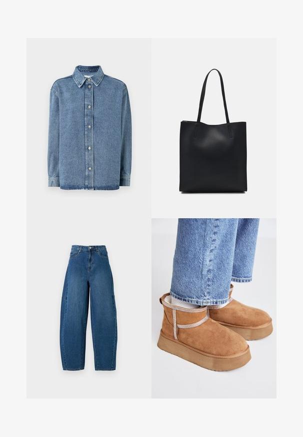 Denimska srajca v svetlo modri barvi z dolgimi rokavi, zapiranje spredaj s češlji, usnjeni ovratnik in sproščen kroj. Mehka tekstura z minimalnimi detajli šivanja.; Jeans iz denima v srednjem modrem pranju, z visokim pasom, širokim krojem nogavic in standardnim pet-imenskim dizajnom s vidnimi šivi.; Rjavi antilopasti gležnjači s debelim, teksturiranim podplatom. Imajo dekorativno naramnico s karirastim vzorcem okoli gležnja.; Črna usnjena torba s svilnato teksturo, pravokotne oblike in dvema dolgima ročajema. Brez vidnih metalnih delov ali okrasnih elementov.