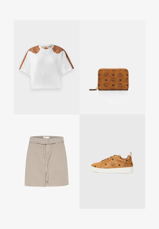 Besluttet hvid t-shirt med korte ærmer, der har brune mønstrede detaljer på skuldrene og et lille sølvlogo på forsiden.; Beige denim mini nederdel med bæltestropper, frontknude og dekorative nitter langs højre side. Glat tekstur og struktureret form.; Brune lædersneakers med kontrastfarvede hvide gummisåler, prydet med sorte diamantmønstre og MCM-logoer på siden. Inkluderer snørebånd og en bagåbning.; Brun læderpung med lynlås, prydet med sorte MCM-logoer og diamanter på en glat teksturoverflade.