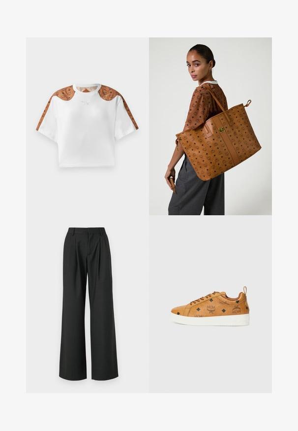 Cropped white t-shirt with short sleeves, featuring brown patterned accents on shoulders and a small silver logo on the front.; White cotton t-shirt featuring a small black logo with wings and "MCM" at the center front. Short sleeves and crew neck design.; Won Hundred CAMILLE TROUSERS - Trousers - licorice; Brown leather sneakers with contrasting white rubber soles, featuring black diamond patterns and MCM logos on the side. Include laces and a rear tab.; Large tan tote bag with an embossed pattern, featuring a smooth texture, flat straps, and a gold-tone hardware accent.; Brown leather wallet with zip closure, featuring black MCM logo patterns and diamond accents on a smooth texture surface.