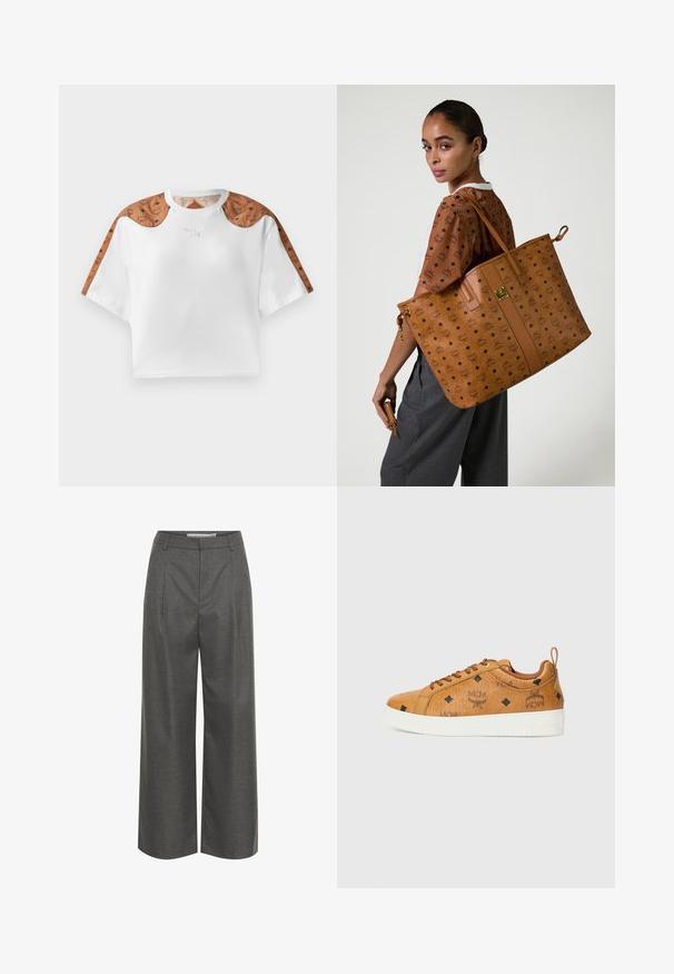 Gekürztes weißes T-Shirt mit kurzen Ärmeln, das braune gepunktete Akzente an den Schultern und ein kleines silbernes Logo auf der Vorderseite aufweist.; Graue weite Hosen aus strukturiertem Stoff, mit hoher Taille und vorderen Falten, ohne sichtbare Taschen oder metallische Details.; Braune Ledersneaker mit kontrastierenden weißen Gummisohlen, die schwarze Rautenmuster und MCM-Logos an der Seite aufweisen. Mit Schnürsenkeln und einer Rücklasche.; Große beige Tragetasche mit einem geprägten Muster, das eine glatte Textur, flache Träger und einen Akzent aus goldenem Metall aufweist.; Braune Lederbörse mit Reißverschluss, die schwarze MCM-Logo-Muster und Diamantakzente auf einer glatten Oberflächenstruktur aufweist.