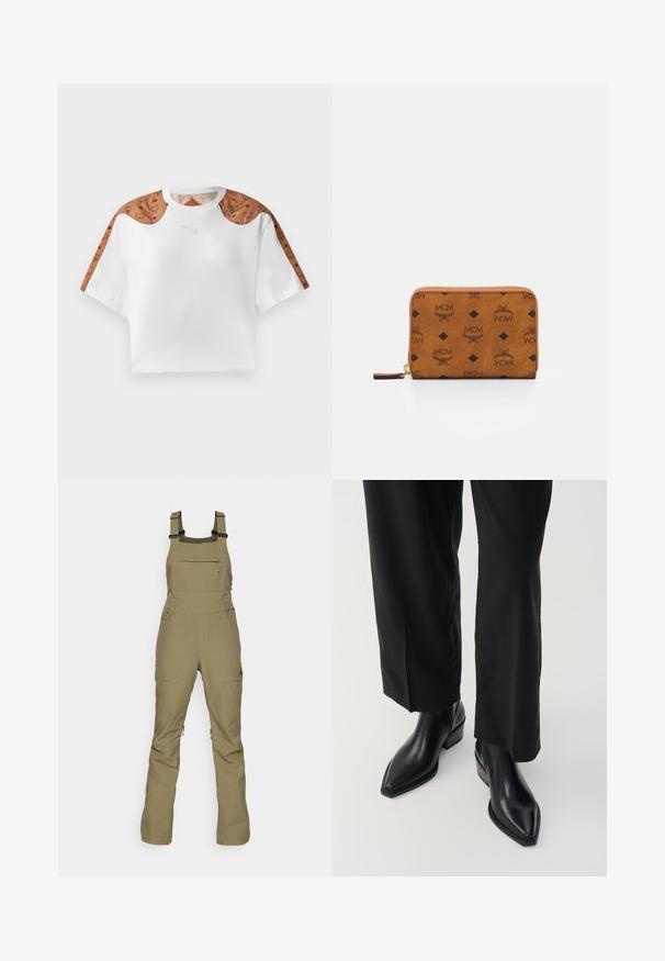 Lyhythihainen valkoinen t-paita, jossa on ruskeita kuvioita hartioilla ja pieni hopeinen logo edessä.; Oliivinvihreät haalarit kestävästä kankaasta, varustettuna säädettävillä hihnoilla, etutaskulla vetoketjulla ja kahdella sivutaskulla. Moderni ja toimintakelpoinen muotoilu.; Mustat nahkabootsit nilkkapituisilla, teräväkärkisillä, sileäpintaisilla ja neliömäisillä koroilla. Yhdistetty mustiin, leveälahkeisiin housuihin, luoden siistin siluetin.; Ruskea nahkalompakko vetoketjulla, jossa on mustia MCM-logoja ja timanttikoristeita sileäpintaisella pinnalla.