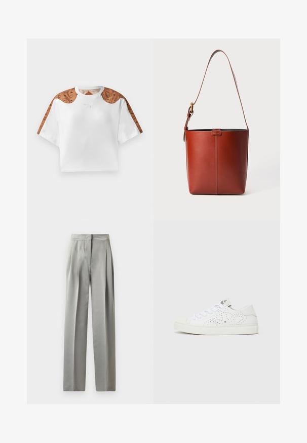 Besluttet hvid t-shirt med korte ærmer, der har brune mønstrede detaljer på skuldrene og et lille sølvlogo på forsiden.; Lysegrå skræddersyede bukser med en glat tekstur, der har plisseringer foran, en bred benlængde og en tætsiddende talje.; Hvide lavtop sneakers med perforeret design, flade snørebånd og en tekstureret gummisål. Har en minimalistisk stil og blød overflade.; Brun læderspandtaske med justerbar skulderrem og guldfarvet spænde, enkel lodret sømdetalje foran.