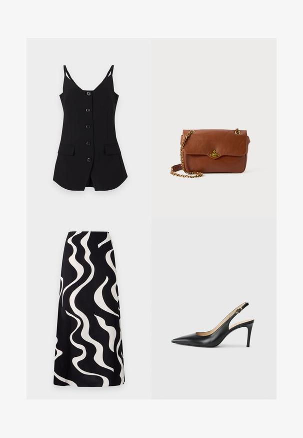 Čierny bezrukávový top s výstrihom do V, šiestimi prednými gombíkmi, dvoma postrannými vreckami a textúrovanými ramienkami. Hladká tkanina s prispôsobeným strihom.; Čierna sukňa s bielymi vlnitými vzormi. Vyrobená z ľahkej tkaniny, má voľný strih a rovný rez. Ideálna na každodenné nosenie.; Čierne kožené lodičky na odkryté päte s špicatou špičkou, nastaviteľným pásikom a elegantným ihlovým podpätkom, s hladkým povrchom.; Hnedá kožená crossbody taška so skladacím uzáverom, zlatými kovovými detailmi a reťazovou rukoväťou. Hladký povrch, obdĺžnikový tvar, minimálne detaily.