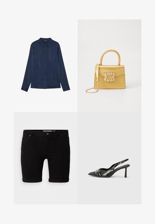 Camicia a maniche lunghe blu navy realizzata in tessuto liscio, con chiusura a bottoni, colletto e due tasche sul petto. Fit sartoriale con polsini.; Shorts in denim nero con taglio dritto, caratterizzati da orli arrotolati, chiusura frontale con bottone e tasche laterali. Texture liscia e design minimale.; Scarpa slingback in vernice nera con punta affusolata, cinturini alla caviglia con fibbie in argento e accessori, e tacco sottile.; Borsa finta coccodrillo gialla con design strutturato, manico superiore, tracolla a catena removibile e abbellimenti in cristallo decorativi sulla chiusura.; Orecchini in tono oro caratterizzati da forme ondulate eTexture. Comprendono chiusure clip-on scultoree e un design a cerchio aperto con finitura martellata.