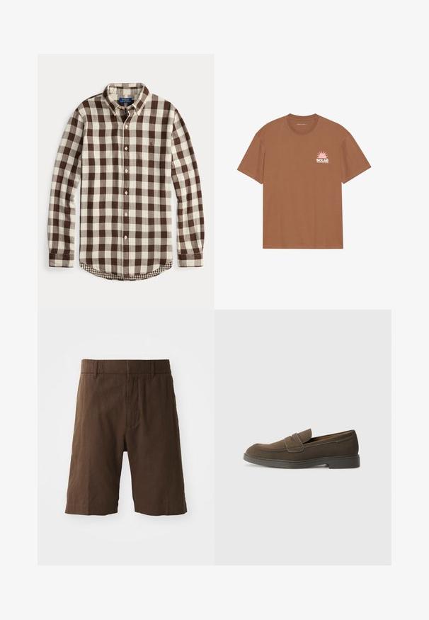 Langærmet skjorte med knapper, brun og cremefarvet ternet mønster, knappet krave og diskret broderet logo på brystet.; Brun kortærmet t-shirt lavet af bomuld, med et pink solgrafik og teksten "SOLAR" på venstre bryst. Crew neck design.; Brune linned shorts med afslappet pasform, elastisk talje og lige ben. Glat tekstur med et simpelt, rent design.; Brune ruskinds loafers med en rund tå, en rem over forfoden og en flad gummisål. Enkel design med rene linjer og minimal dekoration.