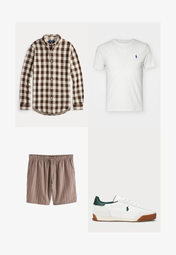 Košile s dlouhým rukávem na knoflíky s hnědým a krémovým kostičkovaným vzorem, zapnutým límečkem a jemně vyšitým logem na hrudi.; Bílá bavlněná tričko s kulatým výstřihem a krátkými rukávy. Obsahuje malou námořnickou polo značku na levé části hrudi. Hladká textury, volný střih.; Hnědé pruhované šortky vyrobené z lehké tkaniny, s elastickým pasem, stahovací šňůrkou a bočními kapsami.; Bílé tenisky se zelenými koženými akcenty a béžovou gumovou podrážkou. Vlastnosti zahrnují textilní tělo a výrazné logo na boku. Šněrovací design.