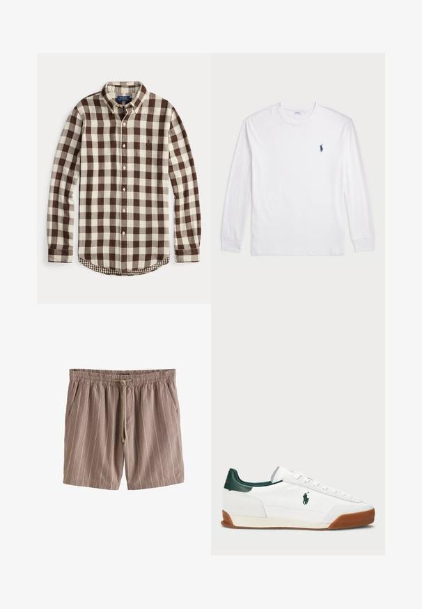 Camisa de manga larga con botones, con patrón a cuadros en tonos marrón y crema, cuello abotonado y un sutil logo bordado en el pecho.; Camiseta blanca de manga larga hecha de algodón. Presenta un cuello redondo, puños acanalados y un pequeño logotipo de polo azul marino en el lado izquierdo del pecho.; Pantalones cortos a rayas marrones hechos de una tela ligera, con una cinturilla elástica, cierre de cordón y bolsillos laterales.; Zapatilla blanca con acentos de cuero verde y suela de goma marrón. Presenta un cuerpo de tejido y un logo prominente en el costado. Diseño con cordones.