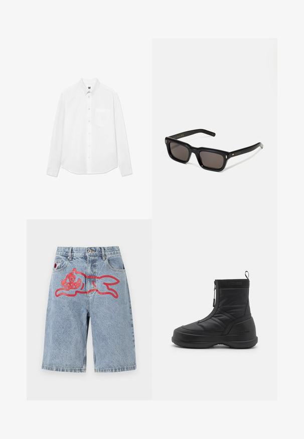 Camisa branca de manga longa com botão, colarinho, bolso frontal e uma textura sutil. A pala frontal apresenta botões e um pequeno detalhe de logótipo.; Shorts de ganga azul claro com um corte largo, apresentando uma grande ilustração vermelha de um animal em movimento nas costas. Design de cinco bolsos com fecho de botão.; Bota de neve impermeável preta com um upper sintético liso, fecho com zíper, colarinho acolchoado e sola de borracha texturizada. Acentuada com a marca "MOON BOOT".; Óculos de sol retangulares pretos com lentes escuras, armação de plástico espesso, detalhes em dourado nas hastes e logotipo da marca gravado na lateral.