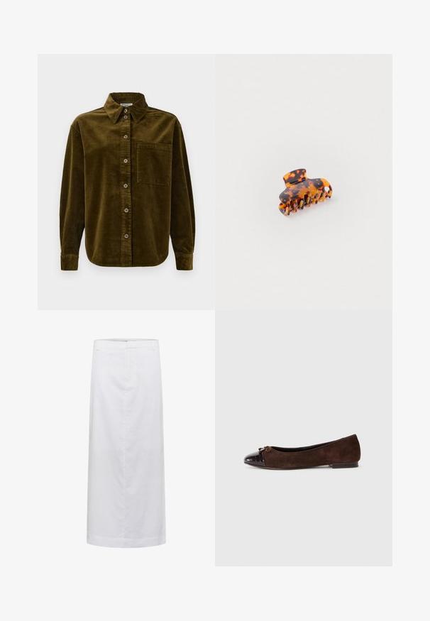 Camicia in corduroy di un verde oliva scuro, con collo a camicia, bottoni frontali e taschino sul lato sinistro del petto. Texturizzata con righe verticali.; Gonna midi bianca in lino con taglio dritto, caratterizzata da una superficie liscia, cuciture minime e una cintura per una vestibilità sartoriale.; Ballerine in suede marrone con punta in vernice lucida marrone scuro e un piccolo fiocco sul davanti. Tacco basso.; Clip per capelli in tartaruga realizzata in plastica, con un design ondulato, numerosi dentini per la presa e una parte superiore arrotondata.