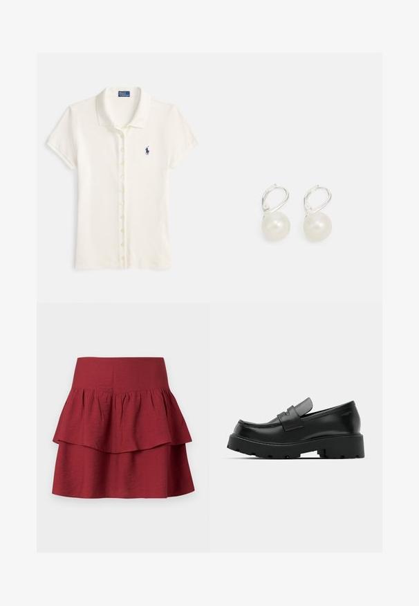 Polo in cotone color avorio con maniche corte, colletto e patta con bottoni. Presenta un piccolo logo navy sul petto.; Gonna a strati di un profondo bordeaux, con una cintura larga, balze strutturate nei vari strati e un tessuto morbido e texturizzato.; Mocassini in pelle nera con suola spessa e texture, dotati di una fascia sulla parte anteriore e una finitura liscia e lucida.; Orecchini a goccia in perle con superficie lucida, dotati di chiusura a leva argentata e perle bianche rotonde. Design semplice e classico.
