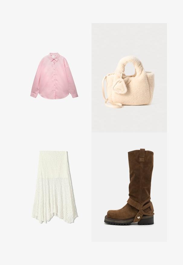 Svijetloružičasta košulja dugih rukava s gumbima, s tankim bijelim vertikalnim prugama i šiljastim ovratnikom, položena ravno na bijeloj pozadini.; Bijela čipkasta suknja s teksturiranim uzorkom, koja ima asimetrični rub i lepršavu siluetu, izrađena od laganog materijala.; Diesel D-TEXAN 2IN1 CH - Kaubojske/motorističke čizme - khaki; Bežna torba od lažnog krzna s plišanom teksturom, okruglim gornjim ručkama, odvojivim remenom za rame i trokutastom dekorativnom oznakom.