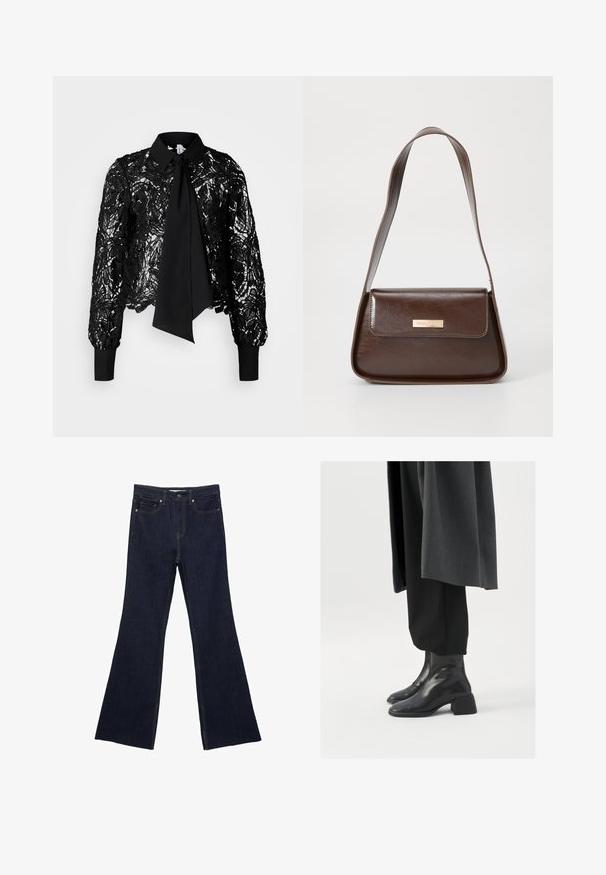 Vero Moda Tall VMEDA SHORT BOW SHIRT - Bluza - black; Temno modri flare kavbojki z običajno petimi žepi in vidnimi šivi. Tkanina ima gladko teksturo z minimalnim bledenjem.; Črne usnjene gležnjarje s kvadratnim nosom in masivnim petam, oblečene s sproščenimi črnimi hlačami in temno sivo jakno. Gladka površinska tekstura.; Rjava usnjena torba za ramo z urejeno obliko, ki ima magnetno zapiranje na pokrovu in kovinski logotip na sprednji strani.