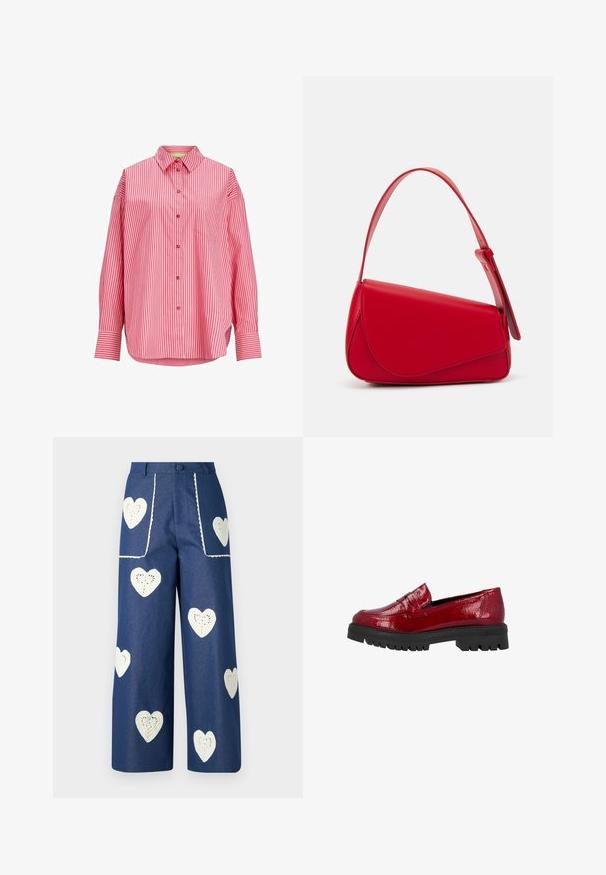 Rood-witte gestreepte overhemd, met knoopsluiting, lange mouwen, enkele borstzak, zachte stof, gebogen zoom.; Sister Jane HEART TO HEART - Straight leg jeans - blue denim; Rode lakleren loafer met een lage, zwarte chunky zool met een getextureerd grippatroon en een decoratieve band over de wreef.; Rode leren handtas met een hoekig, geometrisch ontwerp. Beschikt over een enkele verstelbare schouderriem en een klepclosure met gestikte details.