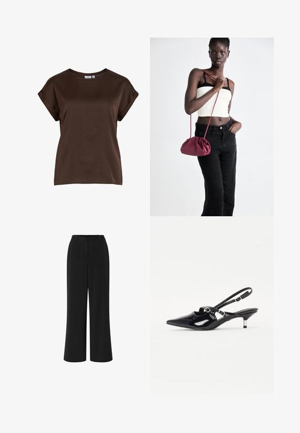 Hnedý krátky rukáv s okrúhlym výstrihom, vyrobený z hladkej tkaniny, s vyrolovanými rukávmi a voľným strihom. Viditeľná značka.; Čierne nohavice s voľným strihom vyrobené z hladkej tkaniny. Majú rovný predný diel, pás so pútka na opasok a dve bočné vrecká.; Čierne lakované slingback topánky s špicatou špičkou, úzkym podpätkom a nastaviteľným prackovým pásikom cez nárt. Hladký povrch.; Burgundský mäkký kabelka z textilu s zhromaždeným dizajnom a dlhým popruhom, nosená cez telo. Model má na sebe biely crop top a čierne džínsy.