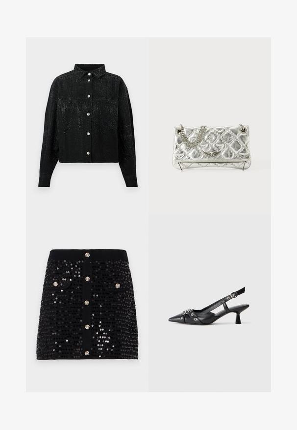 Camicia nera con bottoni, colletto e tessuto testurizzato, con decorazioni metalliche sparse. Una tasca sul petto sul lato sinistro.; Gonna nera con paillettes, caratterizzata da un design aderente, due tasche frontali e bottoni decorativi con accenti simili a gioielli. Texture liscia in tutta la superficie.; Scarpa slingback nera in pelle con punta affusolata, cinturini decorativi con occhielli metallici e tacco basso a blocco. Superficie testurizzata.; Borsa a tracolla in metallo argento con manico a catena, texture trapuntata, cuciture decorative e chiusura zip. Presenta dettagli in rilievo sul fronte.