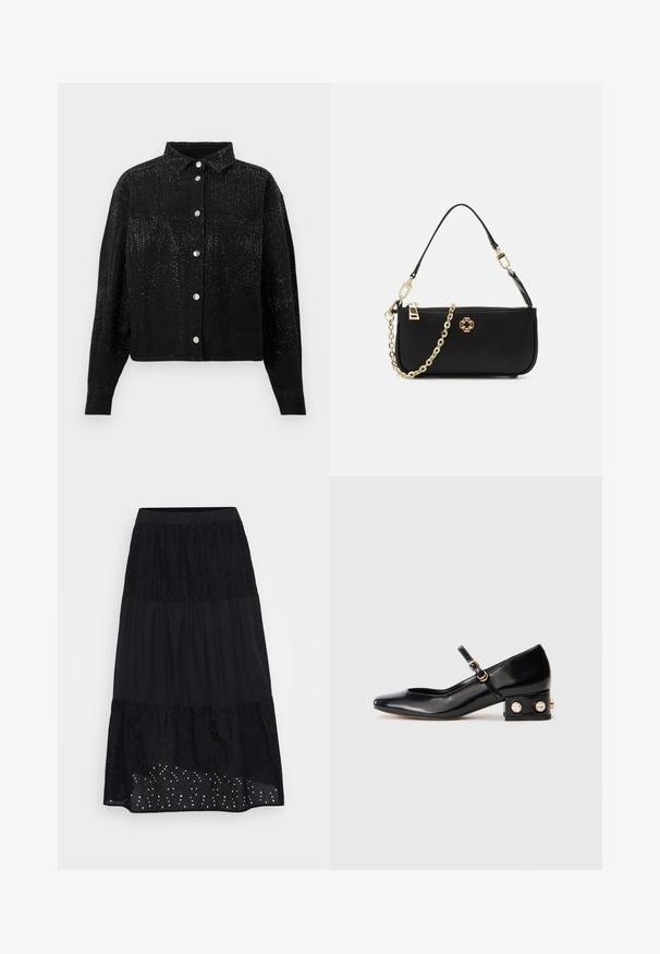 Svart knappskjorte med krage, laget av teksturert stoff og med spredte metalliske dekorasjoner. En brystlomme på venstre side.; Svart, lagdelt skjørt med brodert overlag, strukturert bunn og øyevlet detaljer nær hemmen. Elastisk midjebånd for komfort og passform.; Svart lakkert skinn Mary Jane-sko med firkantet tå, ankelrem og lav blokkhæl prydet med to gullfargede rhinestones.; Svart håndveske med en glatt tekstur, som har en gullkjede-reim, glidelås-lukking og et dekorativt gull-emblem på forsiden.