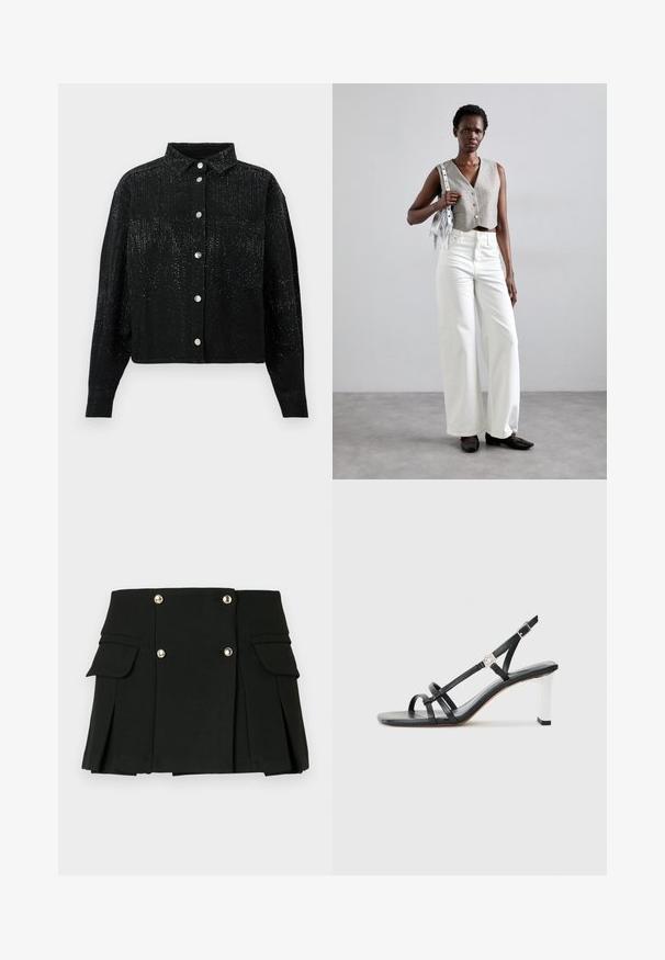 Chemise noire à manches longues avec col, dotée d'un tissu texturé et d'embellissements métalliques dispersés. Une poche poitrine sur le côté gauche.; Jupe mini plissée noire en tissu texturé, dotée de deux poches avant et de accents de boutons en ton doré.; Sandales à talons noirs avec plusieurs fines lanières, un design slingback et un accent argenté sur le talon. Matière supérieure lisse et talon carré.; Un gilet gris court avec des boutons, associé à un pantalon blanc à jambes larges et des chaussures plates noires. Accessoirisé avec un petit sac à franges en argent.