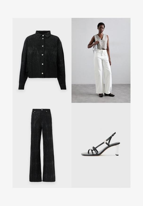 Zwarte, knoopsluiting shirt met een kraag, gemaakt van een gestructureerde stof en verspreide metalen versieringen. Eén borstzak aan de linkerkant.; Zwarte wijde broek met een gestructureerd oppervlak, voorzien van een glinsterend patroon. Afgewerkt met een standaard tailleband en metalen knoopdetails.; Zwarte hakken sandalen met meerdere smalle banden, een slingback ontwerp en een zilveren accent op de hak. Glad bovenmateriaal en vierkante hak.; Grijs gecropped vest met knopen, gecombineerd met witte wijde jeans en zwarte platte schoenen. Geaccentueerd met een kleine zilveren franjen tas.