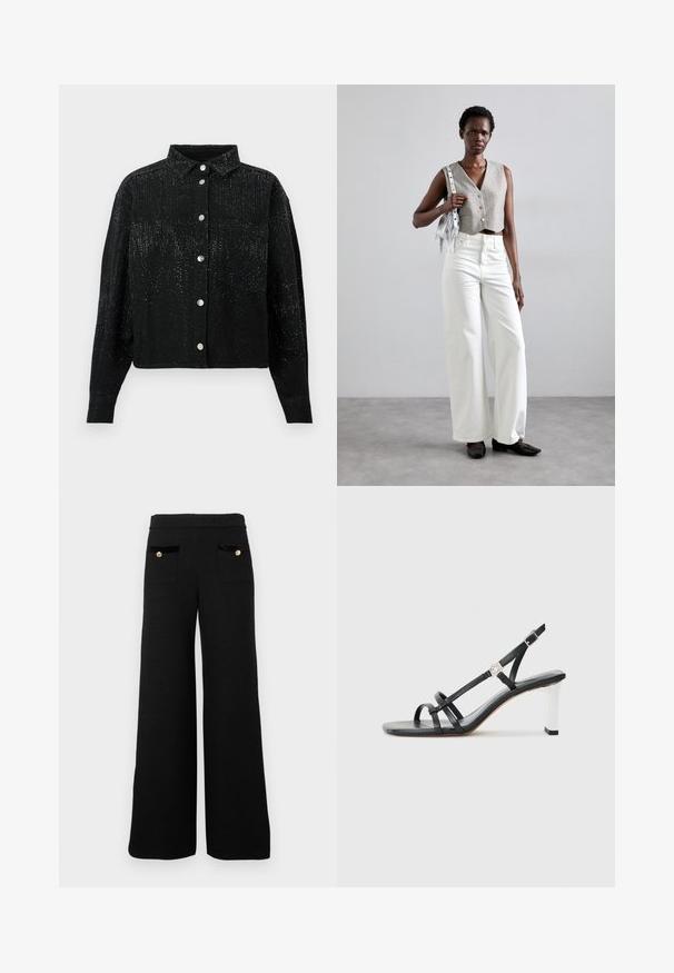 Svart, knappad skjorta med krage, i en texturerad tygkvalitet och prydd med utspridda metalliska dekorationer. En bröstficka på vänster sida.; Svarta vida byxor gjorda av texturerat tyg, med två framfickor med svarta sammetsdetaljer och guldknappdetaljer.; Svarta klacksandaler med flera smala remmar, slingbackdesign och en silveraccent på klacken. Slät ovandel av material och fyrkantig klack.; Grå kortärmad väst med knappar, kombinerad med vita vida jeans och svarta platta skor. Accessoarer med en liten silverfärgad fransväska.