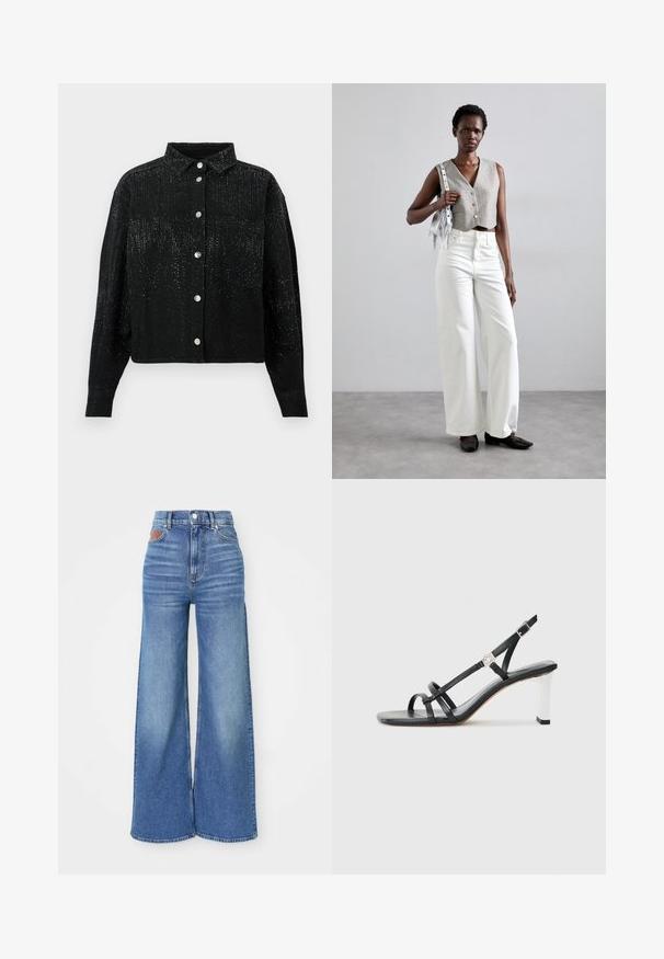 Must kaka, nööridega särk, millel on krae, tekstuuriga kangas ja hajutatud metallist kaunistused. Vasakul küljel üks rinna tasku.; Kõrge talje ja laiad sääred helesinistes denimidžiinides, kerge kulumiga, millel on nööbi sulgemine ja nahkne detail selja taljes.; Mustad musta värvi kontsaga sandaalid mitme kitsaste rihmaga, slingback disainiga ja hõbedase aktsendiga kontsal. Sile ülemine materjal ja kvartskonts.; Hallitatud hall vest nööpidega, koos valgete laia säärega teksade ja mustade lameda tallaga kingadega. Kaunistatud väikese hõbedase frantsiisiga kotiga.