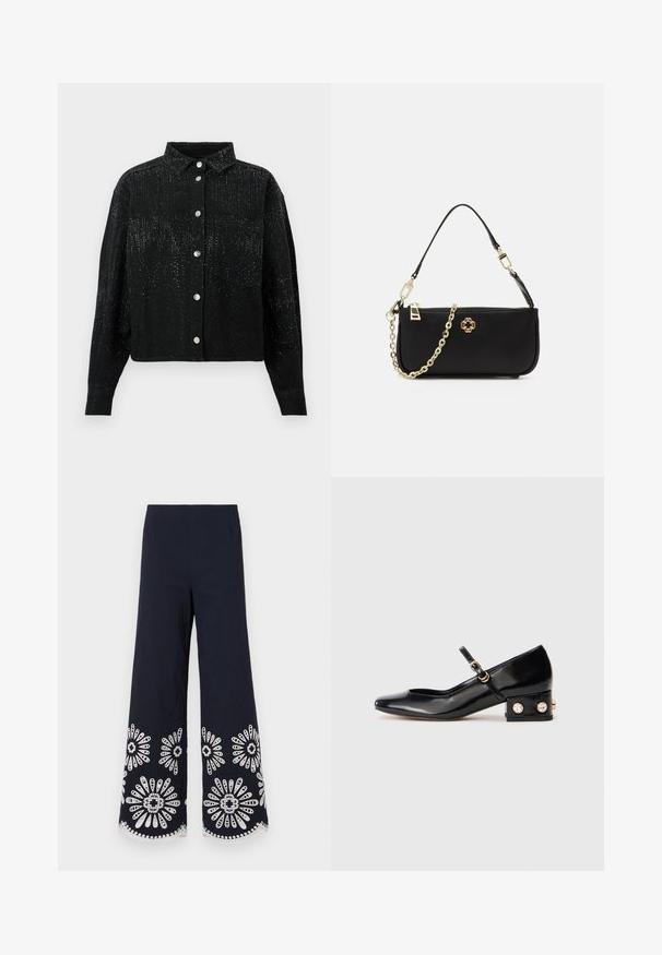 Zwarte, knoopsluiting shirt met een kraag, gemaakt van een gestructureerde stof en verspreide metalen versieringen. Eén borstzak aan de linkerkant.; Maje PUBA - Broek - marine; Zwarte gepatineerde leren Mary Jane-schoen met een vierkante neus, enkelbandje en een lage blokhak versierd met twee goudkleurige strass-steentjes.; Zwarte handtas met een gladde textuur, voorzien van een gouden schouderband, ritssluiting en een decoratief gouden embleem aan de voorkant.