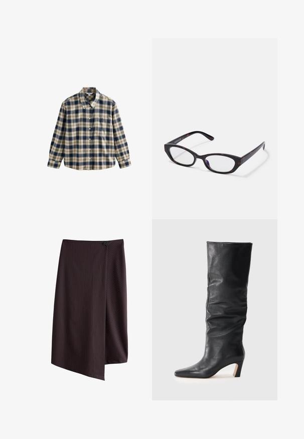 Cămașă flanelată în carouri, de culoare bleumarin, crem și bej. Are guler, închidere cu butoane, mâneci lungi și un singur buzunar pe piept. Textură moale.; Fustă maro închis cu dungi verticale subțiri, având un design tip petrecut și închidere cu nasture la talie. Textură netedă. Marginile sunt asimetrice.; Botină cu toc de piele neagră, până la jumătatea gambei, cu un guler ușor lăsat și vârf ascuțit, pe un fond deschis.; Ochelari de vedere tip cat-eye cu ramă din plastic tortoise glossy de culoare închisă, cu brațe curbate și lentile clare. Branding minim pe lateral.