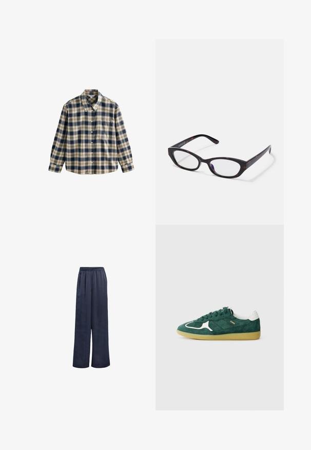Koszula flanelowa w kratę w kolorach granatowym, kremowym i beżowym. Posiada kołnierz, zapięcie na guziki, długie rękawy oraz jedną kieszeń na piersi. Miękka tekstura.; Granatowe spodnie o szerokich nogawkach, wykonane z gładkiego materiału, z elastycznym paskiem w talii i bez widocznych elementów metalowych. Charakteryzują się luźnym krojem i pełnej długości.; Zielone zamszowe sneakersy z białymi akcentami, perforowanymi detalami i teksturowaną gumową podeszwą. Posiadają okrągłe sznurówki i wyściełane pięty.; Okulary w kształcie kota z błyszczącą, ciemną oprawą w stylu żółwia z plastikowym szkieletem, posiadające zakrzywione zauszniki i przezroczyste soczewki. Minimalne oznaczenie marki z boku.