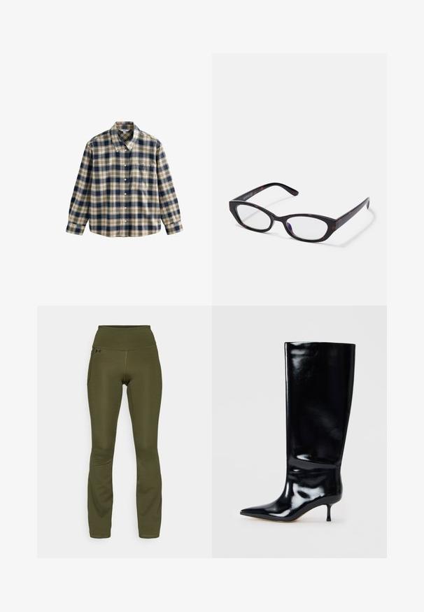 Camisa de franela a cuadros en azul marino, crema y beige. Cuenta con un cuello, cierre de botones, mangas largas y un bolsillo en el pecho. Textura suave.; Leggings de color verde oliva con una cinturilla alta, hechos de un tejido elástico. Cuentan con un bolsillo lateral y costuras planas para mayor comodidad y flexibilidad.; Bota de cuero negra hasta la rodilla con un acabado brillante, puntera afilada y tacón delgado. Textura suave con detalles de diseño mínimos.; Gafas de estilo gato con un marco de plástico de carey oscuro brillante, con brazos curvados y lentes transparentes. Branding mínimo en el lateral.