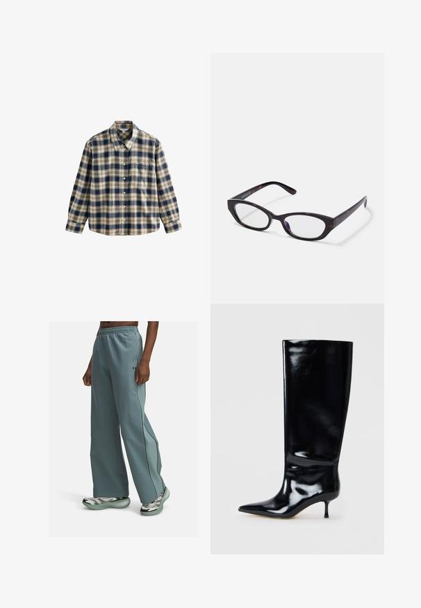 Ruudullinen flanellipaita tummansinisessä, kermanvärisessä ja beigenvärisessä. Varustettu kauluksella, napituksella, pitkillä hihoilla ja yhdellä rintataskulla. Pehmeä rakenne.; Vihreät leveät housut, jotka on valmistettu sileästä kankaasta, mustilla sivupalloilla ja mukavalla joustovyöllä.; Polvijalkane mustat nahkasaappaat, joissa on kiiltävä pinta, terävä kärki ja hoikka korko. Sujuva pinta, jossa on vähän muotoilu yksityiskohtia.; Kattögon-glasögon med en blank mörk sköldpaddsfärgad plastbåge, med böjda armar och klara linser. Minimal branding på sidan.