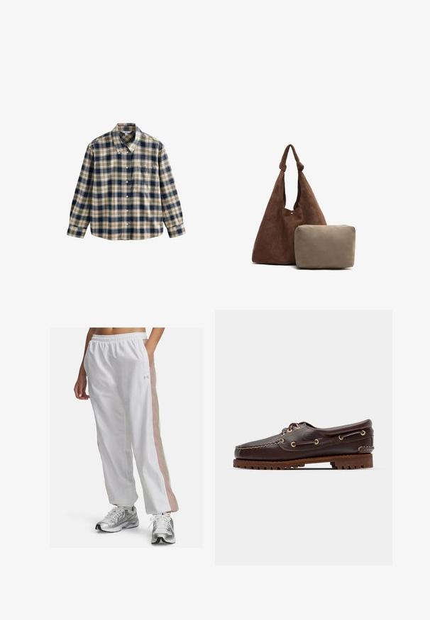 Tjekket flannel skjorte i marineblå, creme og beige. Har krave, knaplukning, lange ærmer og en enkelt brystlomme. Blød tekstur.; Hvide atletiske bukser med en elastisk talje, der har pastelfarvede lyserøde og beige sidelister. Fremstillet af let, glat stof.; Brune læder bådsko med gyldne øjer, runde snørebånd og en struktureret brun gummisål. Har quiltede detaljer og et forhøjet logo.; Brun ruskinds skuldertaske med en knyttet rem, der inkluderer en lille beige lynlåspung. Tasken har en blød tekstur og et enkelt design.
