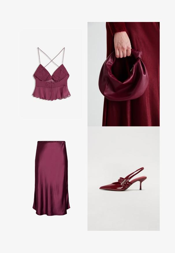 Burgundy strappy top with a flared hem, featuring a loose, sheer overlay and a tie detail at the front for adjustable fit.; Burgundy satin skirt with a smooth texture, knee-length, flared design, and a subtle sheen, featuring a simple elastic waistband.; Red patent leather slingback heels with a pointed toe, two buckle straps, and a slim, mid-height stiletto heel. Smooth texture.; Burgundy leather handbag with a soft, gathered design and a rounded shape. The handle is secured, showcasing a smooth texture.