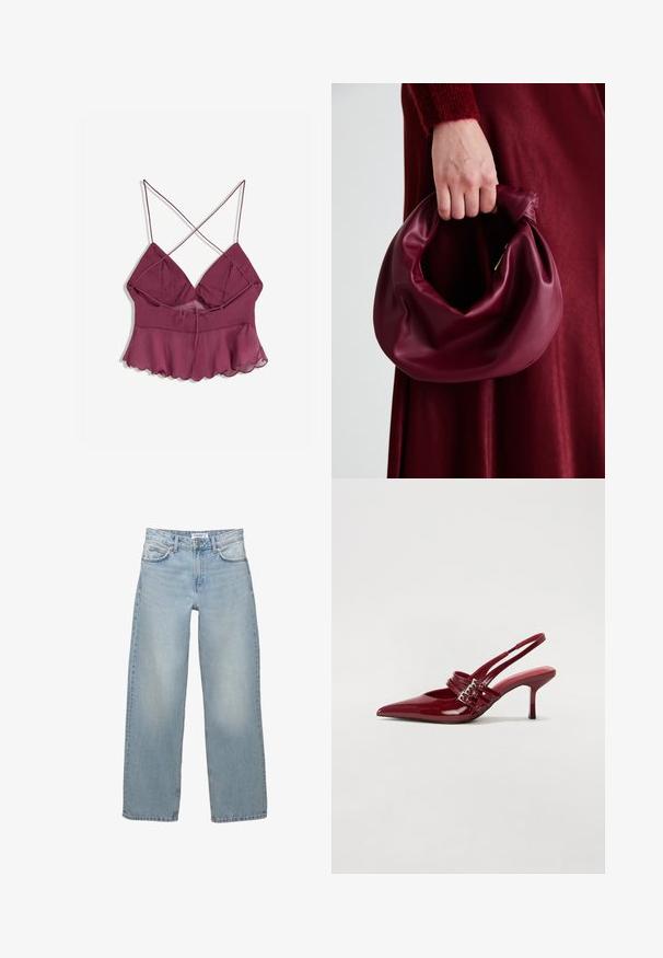 Burgundowa bluzka na ramiączkach z rozkloszowanym dołem, z luźnym, przezroczystym overlajnem i detalem związania z przodu umożliwiającym regulację dopasowania.; Jasnoniebieskie, szerokie jeansy wykonane z denimu. Posiadają klasyczny, pięciokieszeniowy fason z zapięciem na guzik i zamek.; Czerwone lakierowane czółenka na klocku z zaokrąglonym noskiem, dwoma paskami z klamrami oraz smukłym, średniej wysokości obcasem w stylu stiletto. Gładka tekstura.; Bordowa skórzana torebka o miękkim, marszczonym wyglądzie i zaokrąglonym kształcie. Uchwyt jest zabezpieczony, co podkreśla gładką fakturę.
