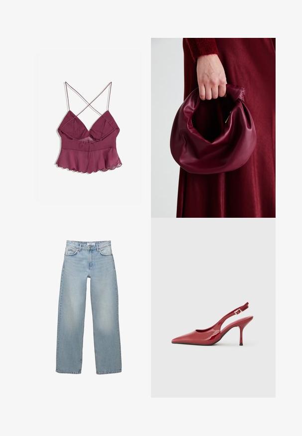 Burgundská top s ramínky a rozšířeným spodním lemem, s volnou, průhlednou vrstvou a detaily na zavázání vpředu pro nastavitelné nošení.; Světle modré, široké džíny vyrobené z denimu. Mají klasický design s pěti kapsami a zapínáním na knoflík a zip.; Červené lakované slingback podpatky s špičatou špičkou, štíhlým jehlovým podpatkem a malým výřezem na boku. Hladká textura.; Burgundská kožená kabelka s měkkým, nabíraným designem a zaobleným tvarem. Ucho je zajištěné a vykazuje hladkou texturu.