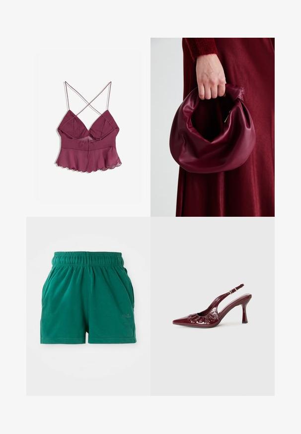Burgundská top s popruhmi a rozšíreným lemom, ktorý má voľný, priehľadný overlay a detail na viazanie vpredu na nastavenie veľkosti.; Zelené voľné šortky s elastickým pásom, bočnými vreckami a jemným logom na prednej pravej nohe.; Burgundské lakové lodičky s otvorenou pätou, špicatou špičkou a volánikmi, s úzkym opätkom a nastaviteľným remienkom okolo členku.; Burgundská kožená kabelka s mäkkým, zhromaždeným dizajnom a zaobleným tvarom. Rukoväť je pevne zaisťujúca a vystavuje hladkú textúru.