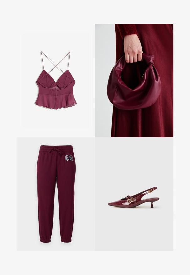 Bordeaux strappy top med flæset kant, der har en loose, transparent overlay og en bånddetalje foran til justerbar pasform.; GAP Petite HERITAGE - Træningsbukser - ruby wine; Burgunderfarvet patenteret lædersko med åben hæl og spids tå, to flade stropper med guldspænder og en lille hæl.; Bordeaux læderhåndtaske med et blødt, samlet design og en rund form. Håndtaget er sikret og viser en glat tekstur.