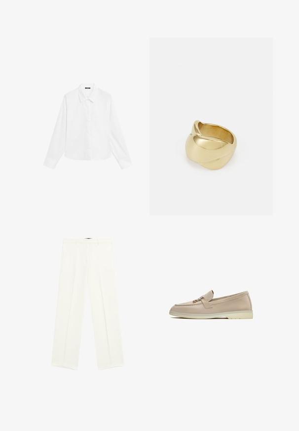 Camicia bianca a maniche lunghe con colletto a punta, chiusura frontale con bottoni e orlo dritto. Realizzata in tessuto morbido con un aspetto fresco e pulito.; Pantaloni bianchi a gamba larga in tessuto liscio, dotati di due tasche frontali e un design anteriore piatto. Linee pulite e nessun motivo visibile.; Mocassini beige con tomaia in tessuto liscio, fascia decorativa, hardware in tonalità oro e suola bassa in gomma. Design classico con cuciture ordinate.; Anello color oro con un design liscio e attorcigliato. Presenta una superficie lucida e bordi arrotondati, creando una forma fluida e continua.