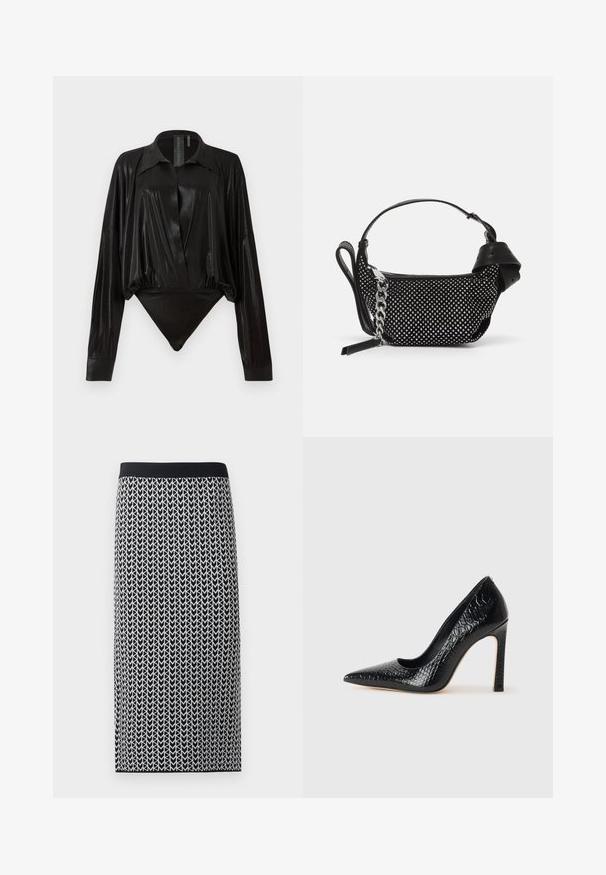 Schwarzer Body mit langen Ärmeln, V-Ausschnitt und figurnaher Silhouette. Hergestellt aus glänzendem, glattem Stoff mit einem strukturierten Kragen und Manschetten.; Knielanger Rock aus dehnbarem Strickstoff mit einem Schwarz-Weiß-Pfeilmuster und einem schwarzen elastischen Taillenbund.; Schwarzer, spitz zulaufender High Heel mit Krokodilleder-Struktur, elegantem Design, hohem Stiletto-Absatz und glattem schwarzen Innenraum.; Schwarze Handtasche mit Nietenverzierungen, einer Kettenriemen und einem glatten Ledergriff, in runder Form und mit einem Reißverschlussfach.