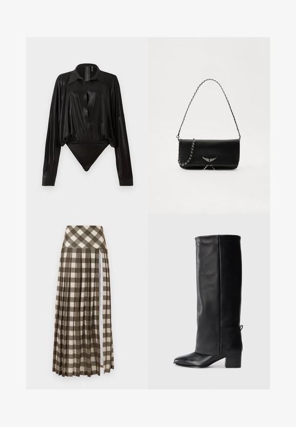 Črn bodi z dolgimi rokavi, V-izrezom in prilegajočo silhueto. Narejen iz sijočega, gladkega materiala z oblikovanim ovratnikom in manšetami.; Dolga, nabrana krilo z rjavim in bež karirastim vzorcem. Model z visokim pasom, z bočnim razporkom in mehko teksturo tkanine.; Črne usnjene škornje do kolen z gladkim zaključkom, kvadratnim nosom, blokastim peto in stranskim vezanjem za nastavljivo prileganje.; Črna usnjena torbica s srebrnim verižnim ročajem, ki ima okrasne krilate poudarke in belo šivanje ob spodnjem šivu.