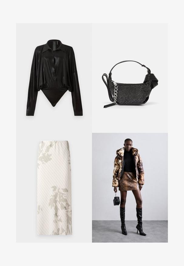Schwarzer Body mit langen Ärmeln, V-Ausschnitt und figurnaher Silhouette. Hergestellt aus glänzendem, glattem Stoff mit einem strukturierten Kragen und Manschetten.; Weißer Rock mit schmalem Streifenmuster und hellgrauen Blumenmotiven. Elastischer Bund für eine bequeme Passform.; Puffermantel mit einem braunen und schwarzen Muster, kombiniert mit einem mini Rock in Schlangenoptik in Braun, schwarzen kniehohen Stiefeln und einer kleinen schwarzen Tasche.; Schwarze Handtasche mit texturiertem Design, verziert mit silbernen Nieten und einem klobigen silbernen Kettenriemen. Besitzt eine elegante, minimalistische Form.