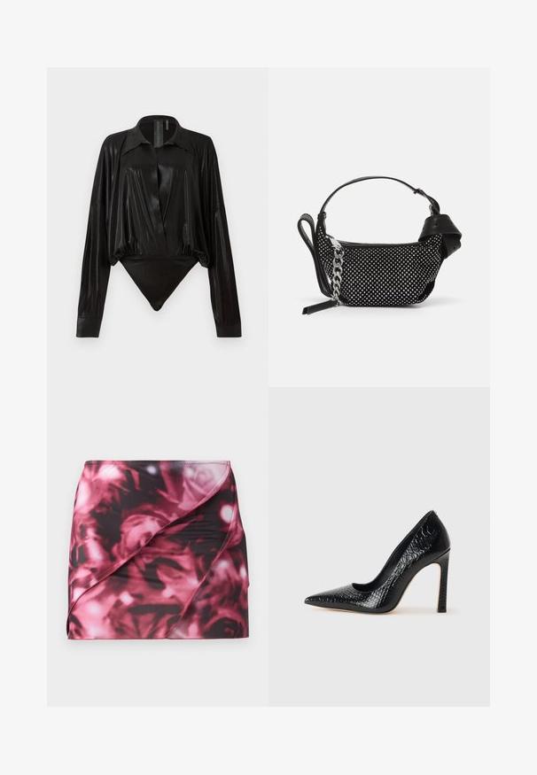 Čierny body s dlhými rukávmi, výstrihom do V a priliehavým strihom. Vyrobené z lesklého, hladkého materiálu so štruktúrovaným golierom a manžetami.; Krátka, priliehavá sukňa v čierno-ružovom kvetinovom vzore. Vyrobená z hladkého, elastického materiálu s diagonálnym prekrývacím dizajnom a prešitým lemovaním.; Čierna lodička s špicatou špičkou a lakovanou textúrou krokodíla, s elegantným dizajnom, vysokým stiletto podpätkom a hladkým čiernym interiérom.; Čierna kabelka so cvočkovými ozdobami, reťazovou rukoväťou a hladkým koženým držadlom, so zaobleným tvarom a zipsovým oddelením.