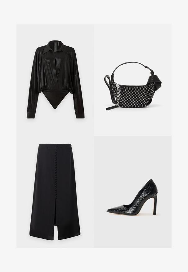 Zwarte body met lange mouwen, V-hals en een aansluitende silhouet. Gemaakt van glanzende, gladde stof met een gestructureerde kraag en manchetten.; Zwarte midi-jurk gemaakt van soepele stof, met een voren split en een rij kleine knopen langs de achterkant voor detail.; Zwarte puntige hoge hak schoen met een krokodillenleren textuur, met een slank ontwerp, hoge stiletto-hak, en een gladde zwarte binnenkant.; Zwarte handtas met een gestructureerd ontwerp, versierd met zilveren studs en een robuuste zilveren kettingband. Beschikt over een elegante, minimalistische vorm.