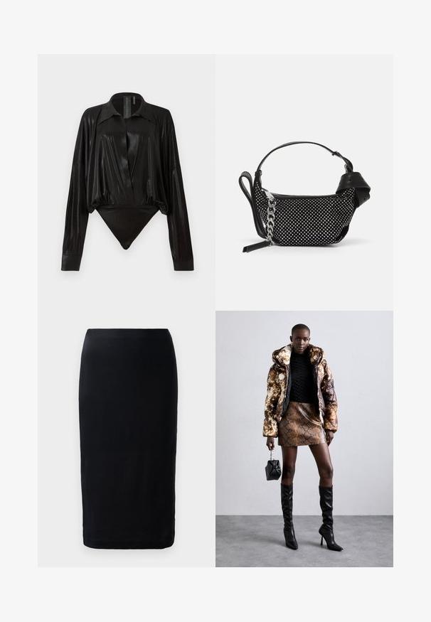 Body noir avec manches longues, décolleté en V et une silhouette ajustée. Fabriqué en tissu lisse et brillant avec un col structuré et des poignets.; Jupe crayon noire en tissu lisse, avec une coupe ajustée, un design arrivant au genou, et un ourlet simple sans motifs ni accents visibles.; Doudoune avec un motif marron et noir, associée à une mini-jupe en simili-cuir serpent marron, des bottes noires jusqu'au genou et un petit sac noir.; Sac à main noir avec un design texturé, orné de clous en argent et d'une bandoulière en chaîne argentée épaisse. Présente une forme élégante et minimaliste.
