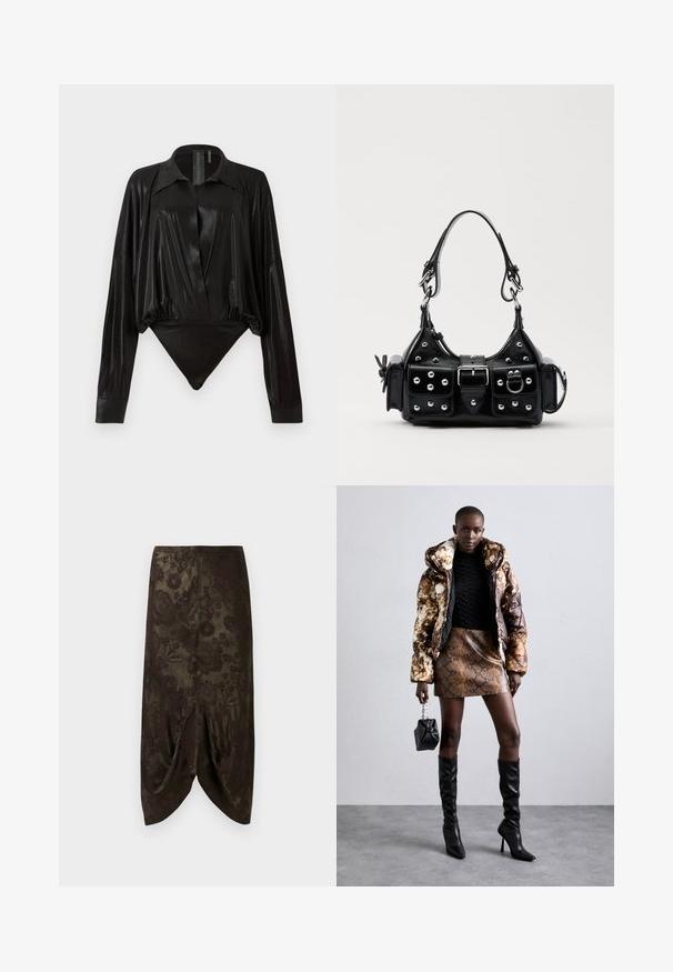 Body negru cu mâneci lungi, decolteu în V și o siluetă ajustată. Fabricat dintr-un material lucios și neted, cu guler structurat și manșete.; Fustă verde închis cu un model floral în burgund. Prezintă un design drapat la tiv și o textură netedă, strălucitoare.; Jachetă puffer cu un model maro și negru, asortată cu o fustă mini din piele de șarpe maro, cizme negre până la genunchi și o geantă mică neagră.; Geantă de piele neagră cu un design curbat, dotată cu studuri argintii, o cataramă și două buzunare laterale. Curea ajustabilă pentru opțiuni de transport.