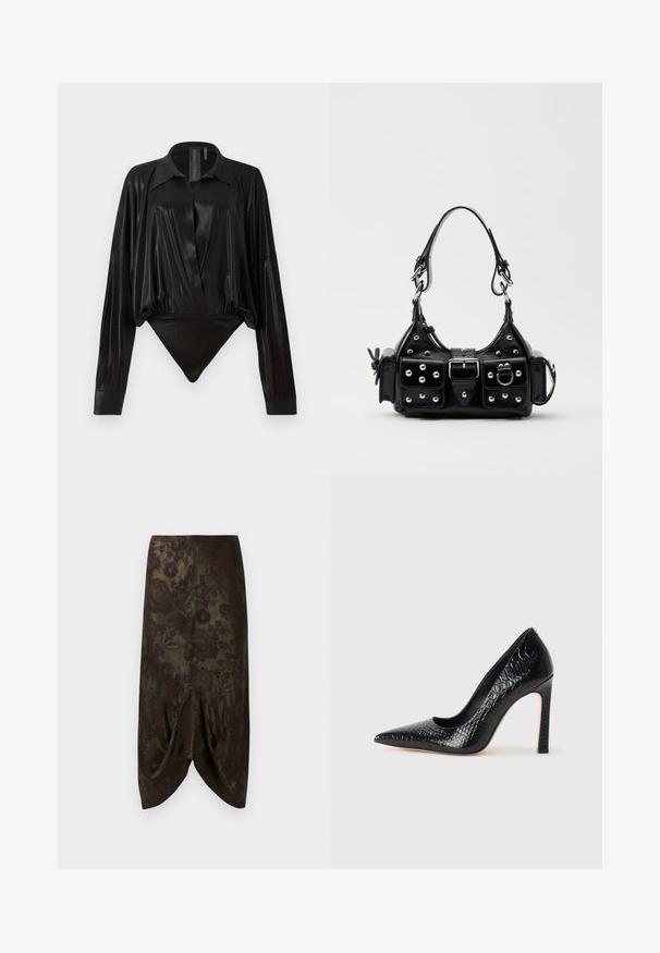 Crni bodi s dugim rukavima, V-izrezom i prilagođenim siluetom. Izrađen od sjajnog, glatkog materijala s strukturiranim ovratnikom i manžetama.; Tamnozeleni spušteni suknja s cvjetnim uzorkom u burgundcu. Ima drapirani rub i glatku, sjajnu teksturu.; Crne visoke potpetice s oštrim prstima, od teksture krokodilske kože, elegantnog dizajna, visoke stiletto potpetice i glatkog crnog unutrašnjosti.; Crna kožna torba s zakrivljenim dizajnom, koja sadrži srebrne zakovice, kopču i dva bočna džepa. Podesiva traka za različite opcije nošenja.