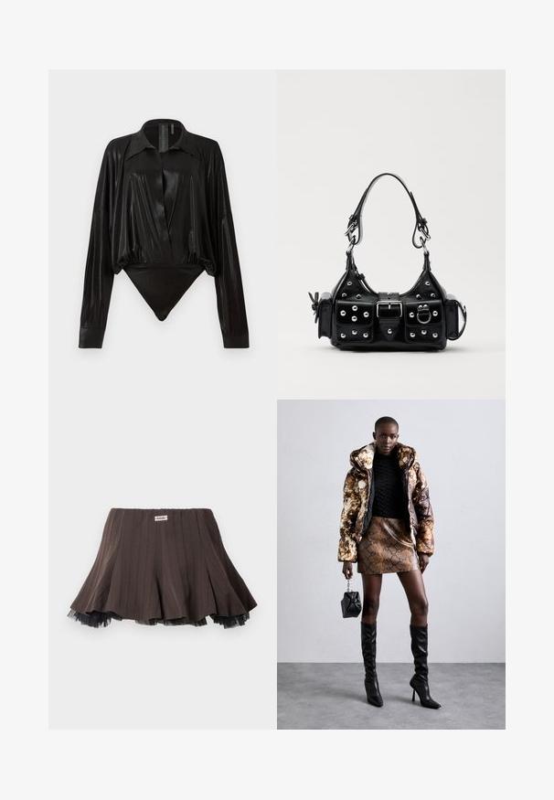 Czarny bodysuit z długimi rękawami, dekoltem w serek i dopasowanym fasonem. Wykonany z błyszczącego, gładkiego materiału z usztywnionym kołnierzykiem i mankietami.; Brąskowa spódnica plisowana z teksturowanej tkaniny, z warstwowym czarnym tiulem na dole i małą metką z logo na pasie.; Kurtka puchowa w brązowo-czarny wzór, w połączeniu z brązową mini spódnicą w wężowy wzór, czarnymi wysokimi kozakami do kolan i małą czarną torebką.; Czarna skórzana torebka w zakrzywionym kształcie, z srebrnymi ćwiekami, klamrą i dwoma bocznymi kieszeniami. Regulowany pasek umożliwiający różne opcje noszenia.