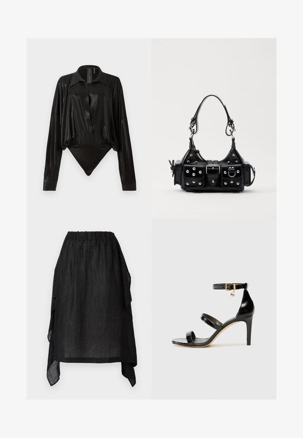 Body negru cu mâneci lungi, decolteu în V și o siluetă ajustată. Fabricat dintr-un material lucios și neted, cu guler structurat și manșete.; Henrik Vibskov UNCUT SKIRT - Fustă în formă de A - black; Sandale negre din piele lacuită, cu trei curele, cataramă la glezna și toc stiletto de 10 cm. Prezintă detalii din metal auriu și un charm cu logo.; Geantă de piele neagră cu un design curbat, dotată cu studuri argintii, o cataramă și două buzunare laterale. Curea ajustabilă pentru opțiuni de transport.