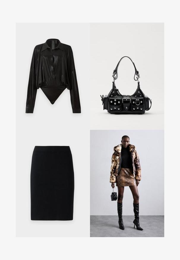 Body negru cu mâneci lungi, decolteu în V și o siluetă ajustată. Fabricat dintr-un material lucios și neted, cu guler structurat și manșete.; Fustă creion neagră, până la genunchi, cu talie elastică, pe un fundal alb simplu.; Jachetă puffer cu un model maro și negru, asortată cu o fustă mini din piele de șarpe maro, cizme negre până la genunchi și o geantă mică neagră.; Geantă de piele neagră cu un design curbat, dotată cu studuri argintii, o cataramă și două buzunare laterale. Curea ajustabilă pentru opțiuni de transport.