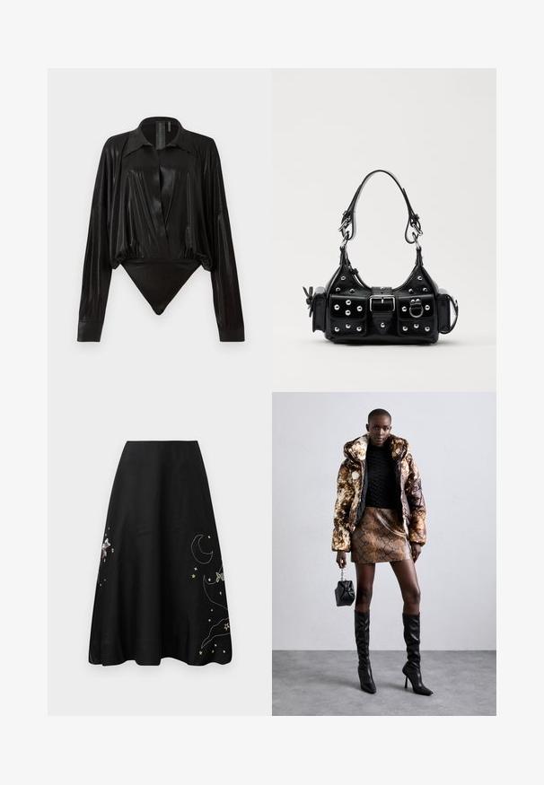 Čierny body s dlhými rukávmi, výstrihom do V a priliehavým strihom. Vyrobené z lesklého, hladkého materiálu so štruktúrovaným golierom a manžetami.; Čierna sukňa so farebnou výšivkou hviezd, mesiaca a postavy. A-líniový strih, hladký materiál, dĺžka po kolená, s jemným leskom.; Bundička s kapucňou so hnedo-čiernym vzorom, skombinovaná s mini suknou s hadím vzorom v hnedej farbe, čiernymi čižmami po kolená a malou čiernou kabelkou.; Čierna kožená kabelka s zakriveným dizajnom, doplnená striebornými cvočkami, prackou a dvoma bočnými vreckami. Nastaviteľný popruh poskytuje rôzne možnosti nosenia.